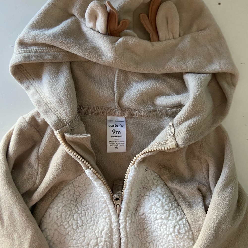 Carter's - 9mo - Tan Fleece Zip-up Reindeer Jumpsuit